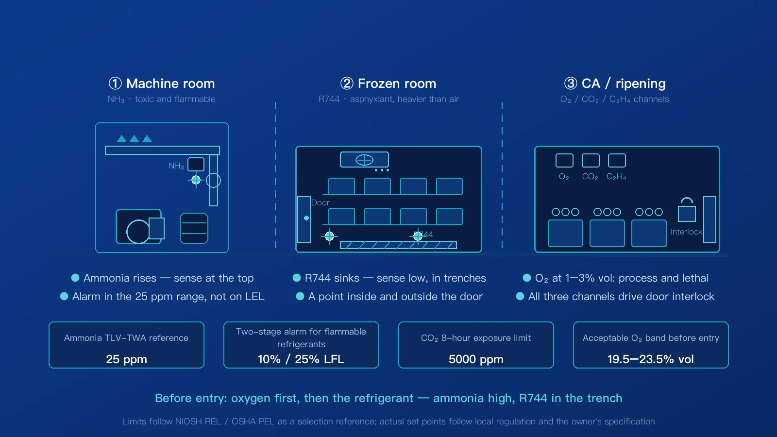 Cold store cutaway: the ammonia plant and its detection points in the machine room, R744 points inside the frozen room and its trenches, and the oxygen, carbon dioxide and ethylene channels of a controlled-atmosphere store